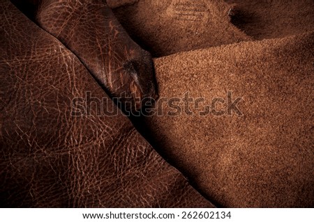 Brown Leather Sheets for Concept and Idea Style of Fine Leather Crafting, Handcrafts Workspace, Handmade or Handcrafted Leather Worker. Background Textured and Wallpaper. Vintage Rustic.
