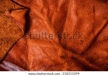 Leather (Tan, Brown, Orange). Concept and Idea of Fine Leather Crafting, Handcrafts Workspace, Handmade or Handcrafted Leather Industry. Background Textured and Wallpaper. Vintage Rustic Style.