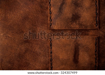 Leather Handmade Stitch Detail, Belt Bag Design Pattern (Brown). Handcrafted Leather, Hand Sewing and Stitching. Rustic Style. Close up.