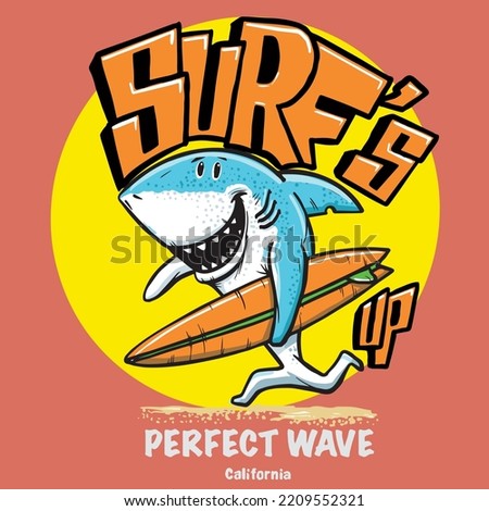 cartoon shark illustration surfing for children's T-shirts
