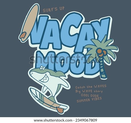 vector surf print and cartoon shark illustration for kids tee  
