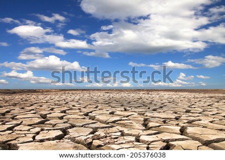Drought land against a blue sky with clouds