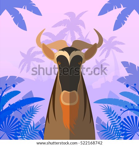 Flat Vector image of the Horned Horse Gnu on the Jungle Background