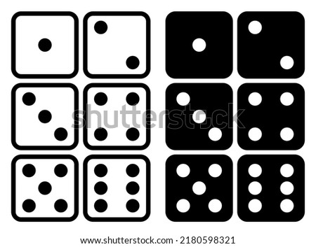 Game dice set isolated on white background. Set of dice in flat and linear design from one to six. Traditional game die with marked with different numbers of dots or pips from 1 to 6. Vector