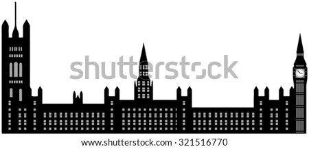 Image of cartoon Houses of Parliament and Big Ben silhouette. Vector illustration isolated on white background.