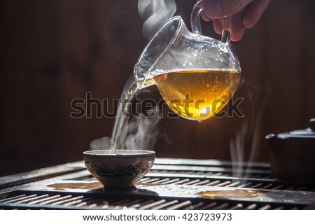 Similar – Image, Stock Photo Woman pouring green tea in mug on wooden table with green herb