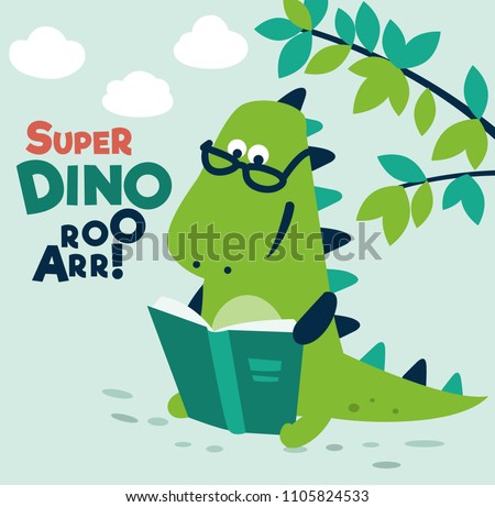 Cute dinosaur reads a book under the tree. Funny tyrannosaur relaxing in park 