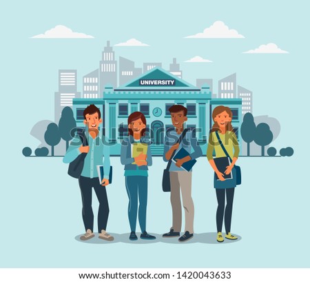 Smiling group of students standing with notebooks. Back to school vector concept