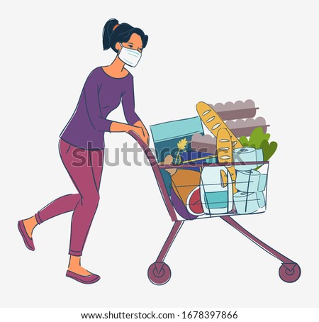 Young woman in white medical mask with cart shopping in supermarket. Concept of corona virus  quarantine vector illustration