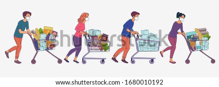 Women and men in white medical masks with cart shopping in supermarket. Concept of corona virus  quarantine vector illustration