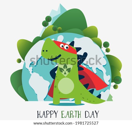 Funny dinosaur in superhero costume. Super Dino. Cartoon superhero standing with cape waving in the wind. Happy Earth day vector illustration. Eco friendly ecology concept