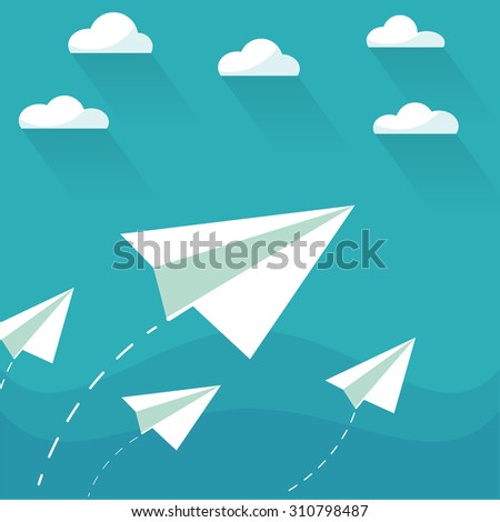 Flying paper planes on the blue sky with clouds. Career, growth or leadership concept. Travel, vacation, holidays or migration concept. Air mail, post letter, delivery service or e-mail vector concept