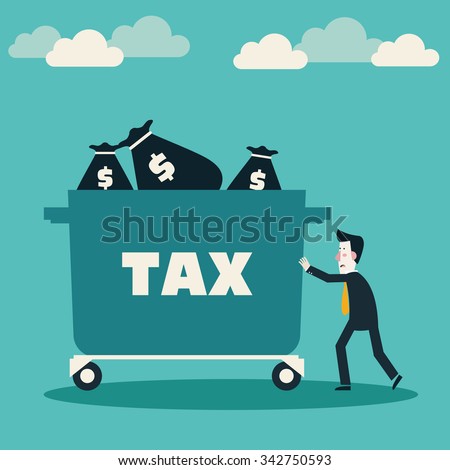 Sad businessman pushing hand truck with taxes. Tax time and taxpayer finance concept
