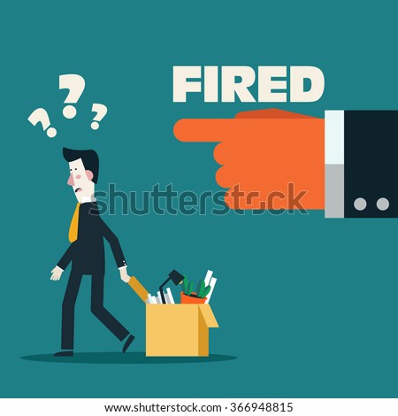 Dismissed frustrated business man carrying box with her things. Angry boss firing employee. Unemployment, crisis, jobless and employee job reduction concept vector design. 