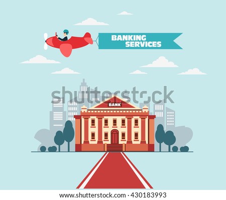 Businessman flying on airplane with banner over the bank building