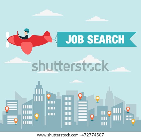 Businessman flying on airplane with banner over the city. Unemployment, jobless and employee job reduction vector concept