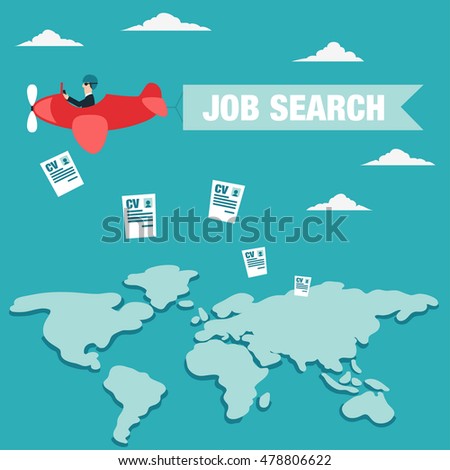 Businessman flying on airplane with banner over world map and throwing resumes. Unemployment, jobless and employee job reduction vector concept