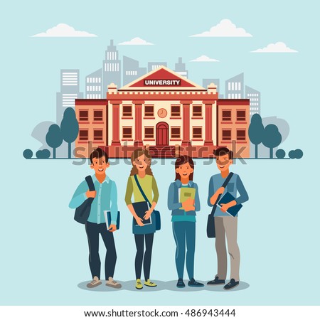 Happy and smiling group of students standing with notebooks. Back to school vector concept