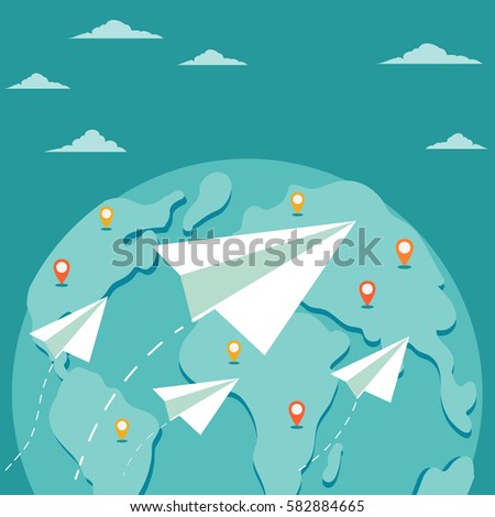 Flying paper planes on the blue sky with clouds over world map. Travel, vacation, air mail, post letter, delivery service or e-mail vector concept