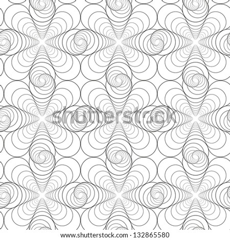 Abstract seamless black and white pattern with diminishing and rotating rounded shapes