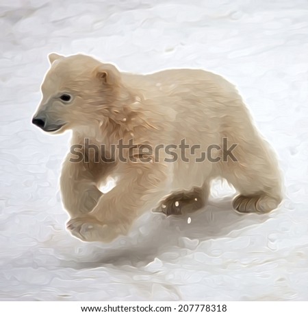 A polar bear baby, running on fresh snow. Young wild animal, cute and cuddly kid, which is going to be the most dangerous beast of the world. Amazing natural animal illustration in oil painting style.