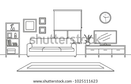 Living room interior outline sketch. Line style furniture: sofa, bookshelf, TV shelf, flowerpot, pictures on the wall, carpet. Vector illustration.