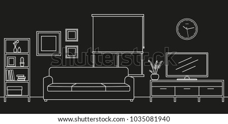 Living room interior outline sketch. Line style furniture: sofa, bookshelf, TV shelf, flowerpot, pictures on the wall. Vector illustration.