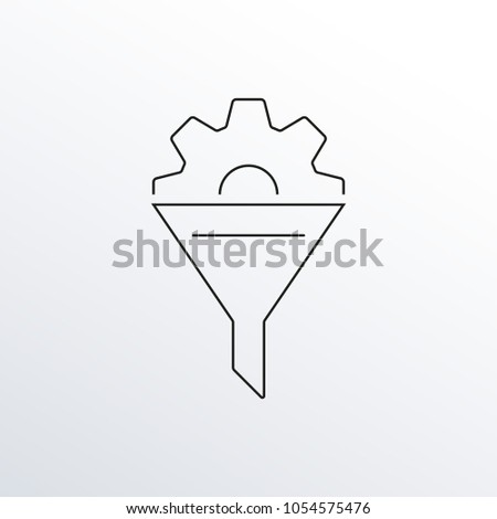 Funnel with gear line icon. Cone with cog outline symbol. Data Filter, Business Conversion, Sales and marketing design element. Vector illustration.