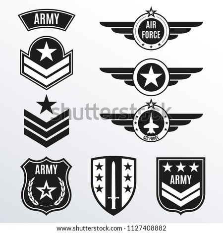 Army and military badge set. Air force emblem with wings and star. Military patch collection. Vector illustration.