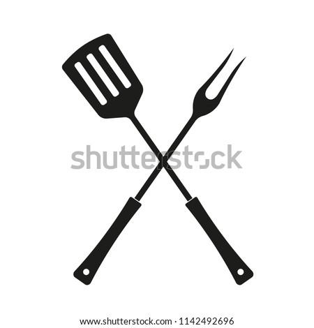 BBQ and grill tools icon. Barbecue utensil. Crossed spatula with fork. Vector illustration.