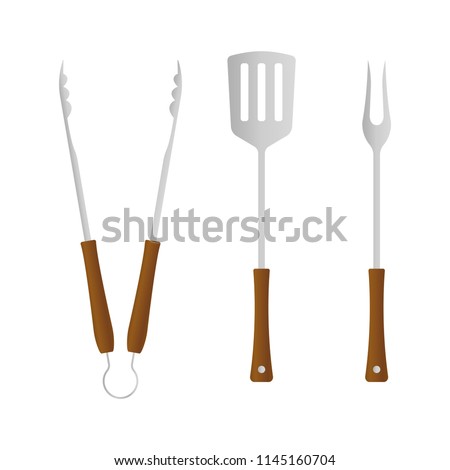 BBQ and grill tools icon set. Barbecue utensil: spatula, fork and tongs. Vector illustration.