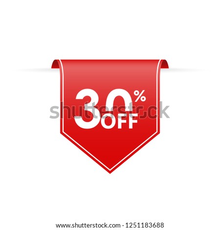 30 percent off. Sale tag ribbon or pennant. Price off and discount badge. Vector illustration.