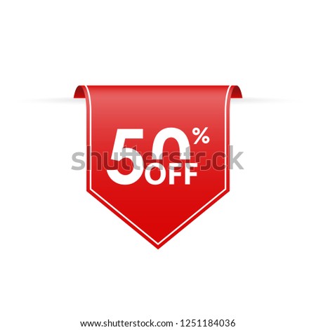 50 percent off. Sale tag ribbon or pennant. Price off and discount badge. Vector illustration.