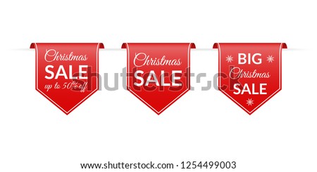 Christmas sale banner set. Red Hanging ribbon with Xmas discount. Up to 50% price off. Vector illustration.