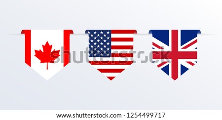 Flags of USA, UK and Canada ribbon or pennant. Hanging American, British and Canadian flags. Vector illustration.