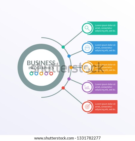 Business info graphic with 5 steps or options with circle elements. Infographic template for business process, presentation, workflow layout, diagram, chart. Modern simple design. Vector illustration.