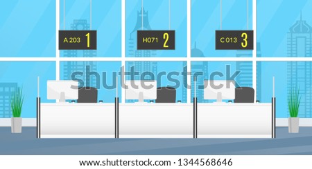 Bank inside with counter desk windows. Front office concept. Financial, Consulting, Currency Exchange or Insurance center interior. Vector illustration.