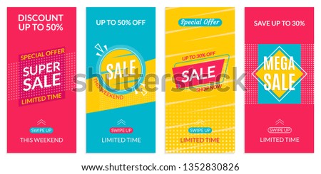 Stories Sale banner design templates. Discount Frames for Smartphone story. Social Media layout with Swipe Up button. Special offer and Price off coupon. Vector illustration.