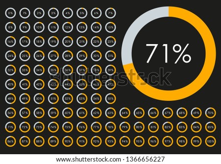 Circle Pie Chart from 1 to 100 percent. Percentage diagram set for infographic, UI, web design. Progress bar template. Vector illustration.