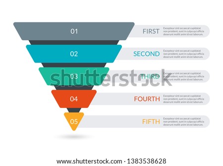 Sales and Marketing Funnel. Business pyramid template with 5 steps. Conversion cone process. Vector illustration.