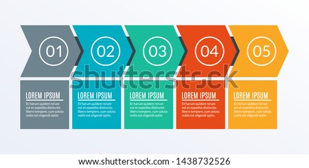 5 steps business process. Timeline infographic with arrows and 5 elements, options or levels for flowchart, presentation, layout, progress chart, workflow. Vector illustration.