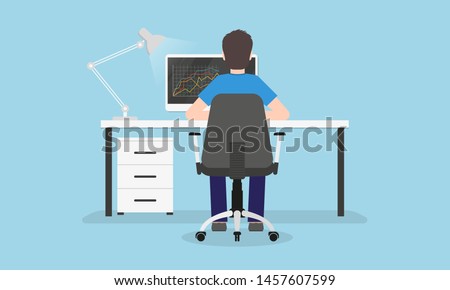 Man is working on the computer. Back view. Person sitting on a chair in the desk or table. Home office, workplace or workspace concept. Vector illustration.