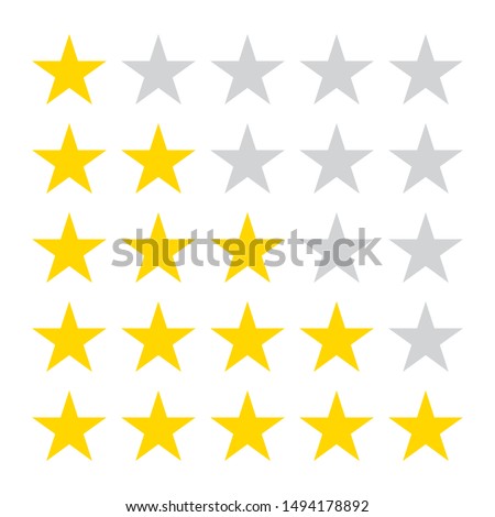 Star rating icons. 5 stars in the row for review. Vector illustration.