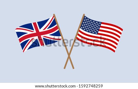 UK and US crossed flags on stick. American and British national symbol. Vector illustration.