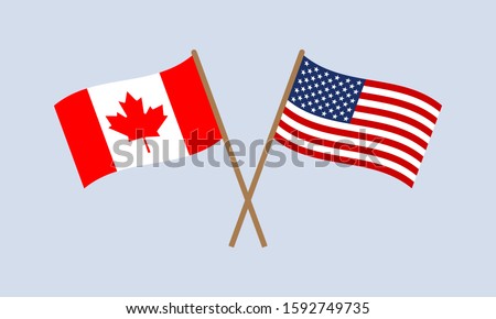 US and Canada crossed flags on stick. American and Canadian national symbols. Vector illustration.