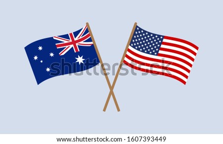 Australia and US crossed flags on stick. American and Australian national symbols. Vector illustration.