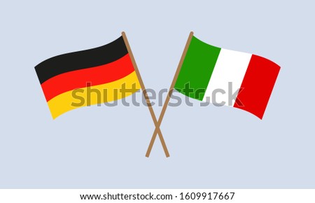 Germany and Italy crossed flags on stick. German and Italian national symbols. Vector illustration.