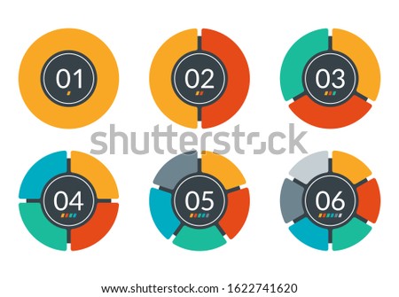 Pie Chart set. Circle graph or diagram wit 6 steps, sections or parts. Round infographic template for Ui, web and graphic design. Vector illustration.