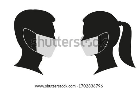 Man and Woman profile face silhouette in medical mask. Male and female head illustration. Vector illustration. 