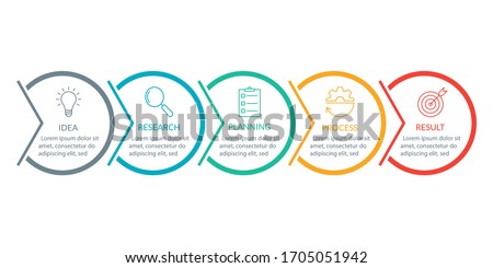 Info graphic for business presentation with 5 steps or option. Timeline infographics template with colorful circles and outline icons. Five parts for workflow layout design. Vector illustration.